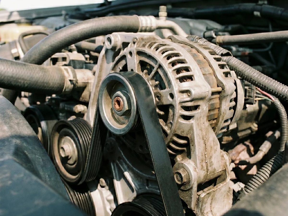 Serpentine belt and hoses in an engine bay