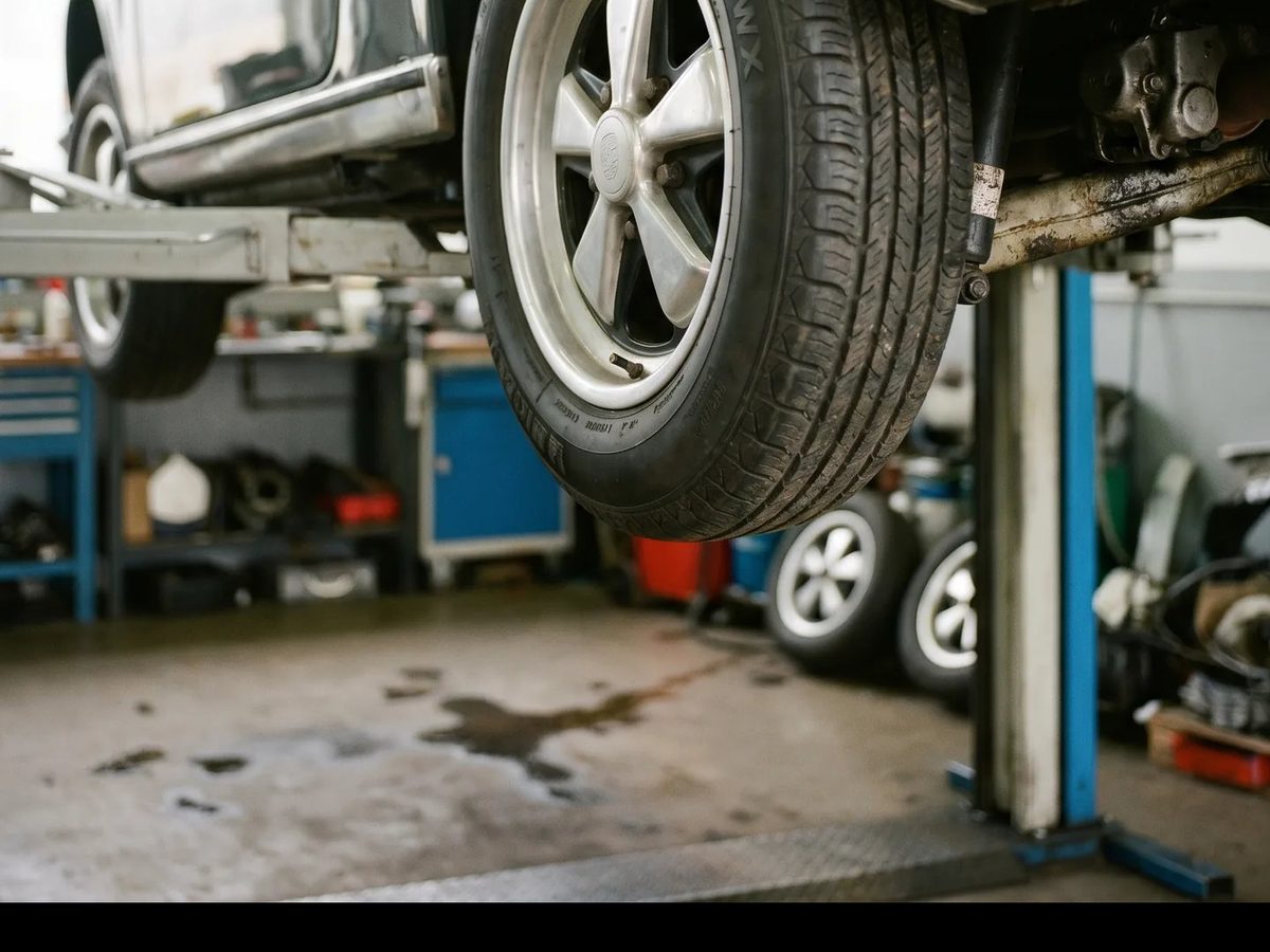 Car raised on a shop lift for underbody and exhaust inspection