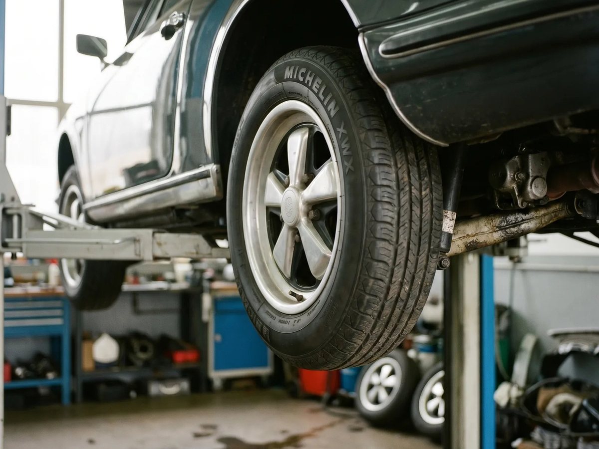 Car on a lift with a Michelin tire in the foreground